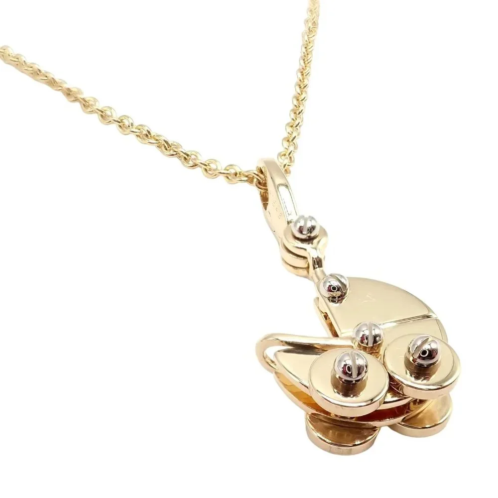 Authentic! Cartier 18k Yellow Gold Baby Carriage Stroller Charm Pendant Necklace